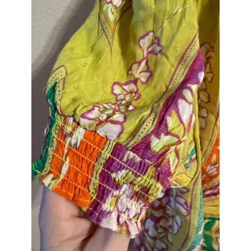 Haute Hippie Style Womens Yellow Orange Paisley Floral Smocked Puff Sleeve Top M - Picture 3 of 5